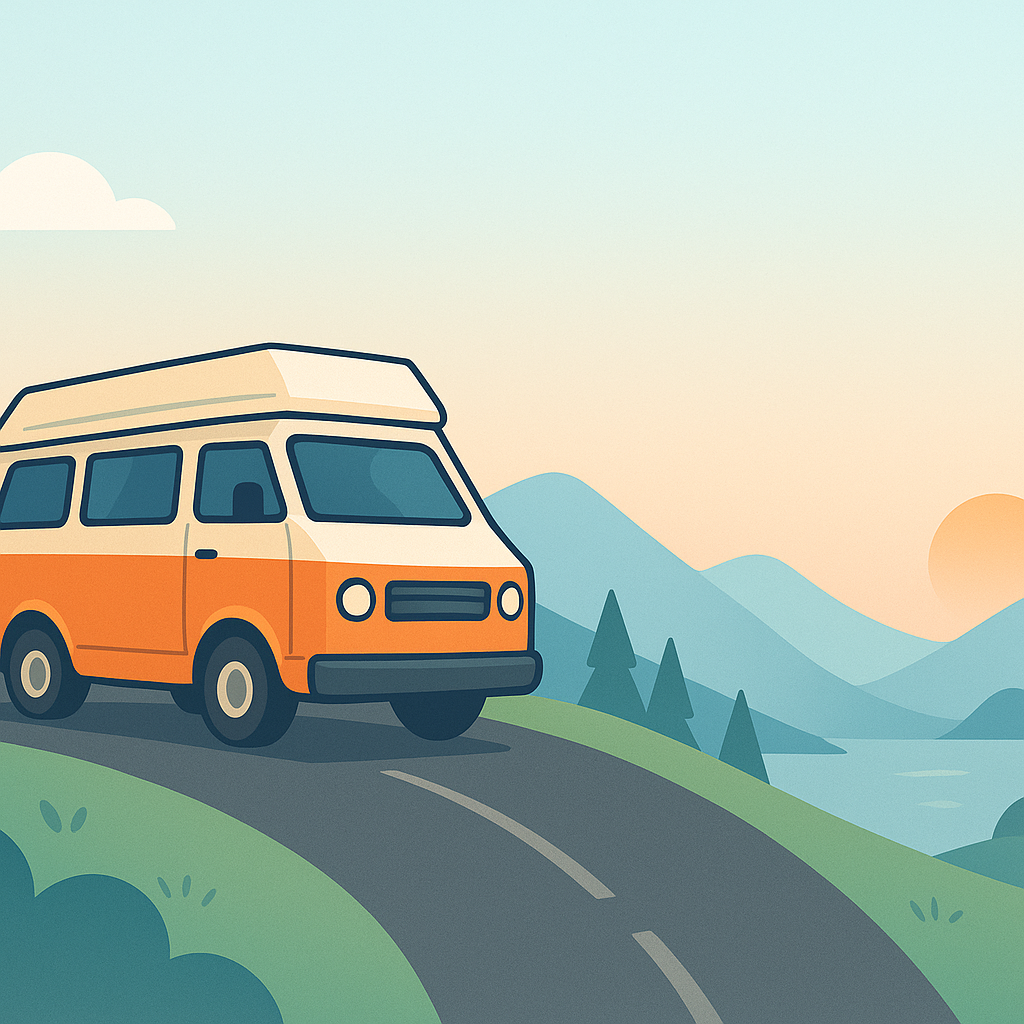 Orange camper van driving a scenic mountain road